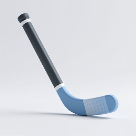 The floorball stick features a sleek design with a black handle and blue blade, accented with white stripes, set against a clean white background for a modern aesthetic.の素材