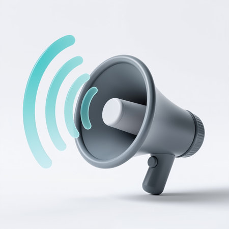 Gray megaphone illustration, simple style, white background, sound waves symbolize loud announcement or public speaking, conveying message or information.の素材