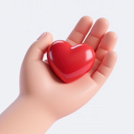 A 3d cartoon style hand holds a shiny red heart symbol representing love on a white background.の素材