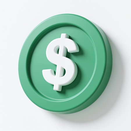 A 3d green coin with a white dollar sign on a plain white background, symbolizing currency and finance, with a subtle shadow effect.の素材