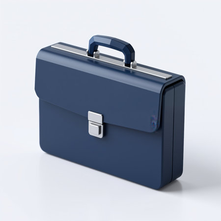 A sleek, navy-blue briefcase with silver accents, symbolizing professionalism and organization, set against a clean, white background, conveying simplicity and elegance.の素材