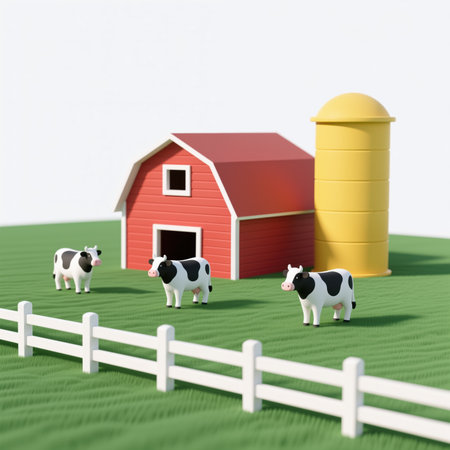 A serene farm scene with a red barn, yellow silo, and three black and white cows standing on lush green grass, surrounded by a white fence.の素材