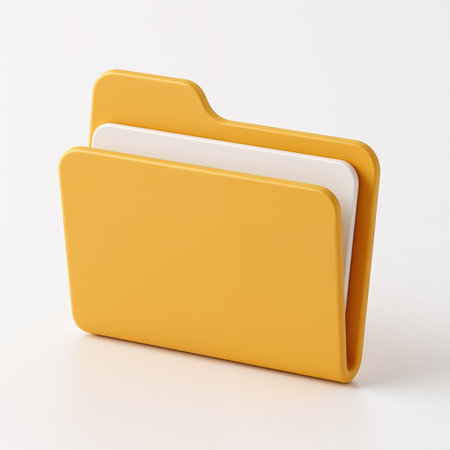 A minimalist digital illustration of a yellow folder containing white documents, symbolizing organization and data storage, against a plain white background.の素材