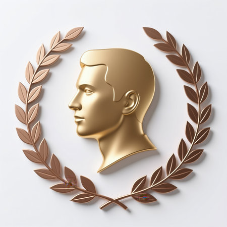 A gold-colored male head surrounded by a laurel wreath on a white background, symbolizing honor, achievement, and victory in a classical style.の素材