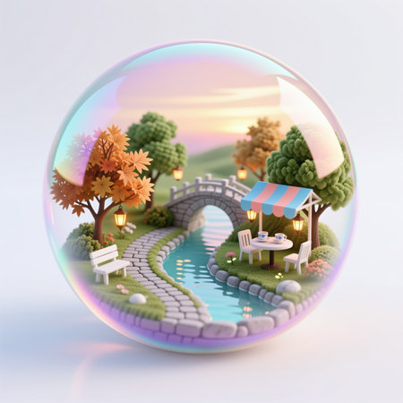 A serene miniature park scene enclosed within a large, iridescent bubble, showcasing a stone bridge, a small stream, and a cozy seating area under a colorful awning.の素材