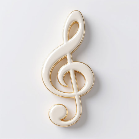 A 3D-style treble clef with a white base and gold outline, set against a plain white background, symbolizing music and harmony.の素材