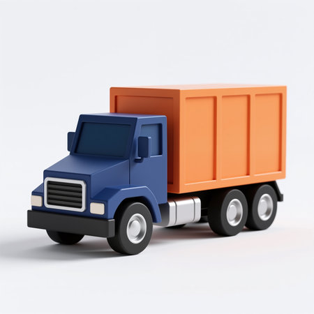 A minimalist illustration of a blue and orange dump truck, symbolizing construction and industry, set against a plain white background, emphasizing simplicity.の素材