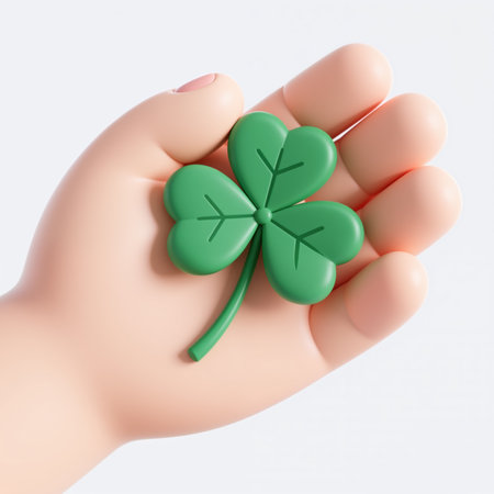 A hand cradling a green clover, a symbol of good fortune and luck, against a plain white background, conveying simplicity and focus on the emblem.の素材