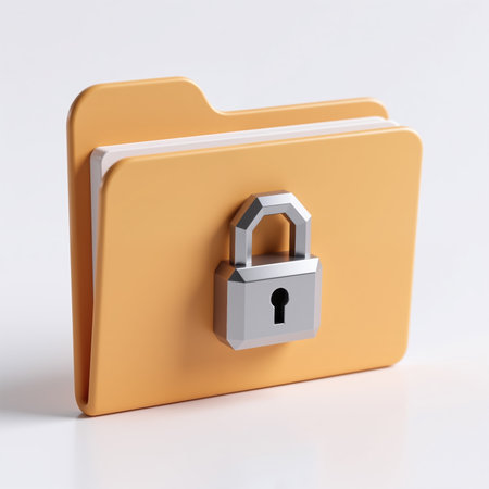 Illustration of a yellow folder with a silver padlock, representing data protection and confidentiality in a simple, modern style on a white background.の素材