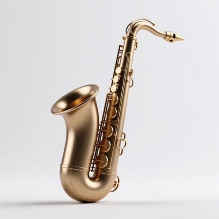 A highly detailed, golden saxophone is depicted against a plain white background, symbolizing music, creativity, and sophistication, representing jazz and blues heritage.の素材