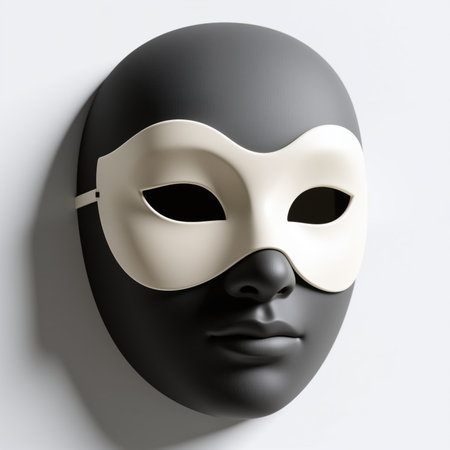 A minimalist, monochromatic illustration of a mannequin head wearing a white mask, symbolizing anonymity and mystery, set against a plain white background.の素材