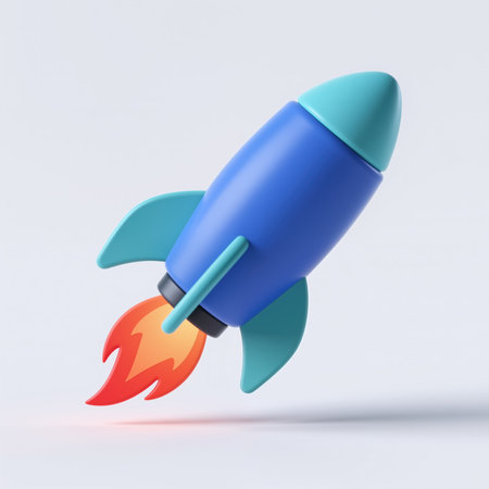 A stylized, cartoonish rocket in blue and teal hues, symbolizing innovation, progress, and rapid growth, set against a clean white background.の素材