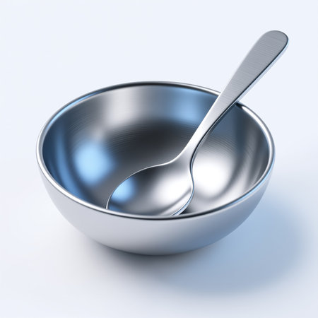 A realistic illustration of a silver bowl and spoon, symbolizing simplicity and elegance, with a subtle shadow effect on a plain white background.の素材