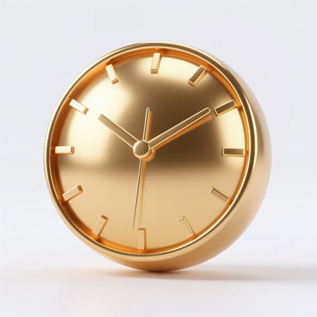 A metallic gold clock with a minimalist design, symbolizing luxury and timelessness, displayed on a plain white background, representing simplicity and elegance.の素材