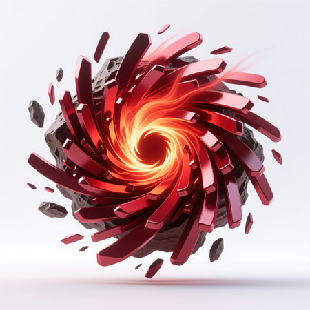A futuristic illustration of a red metallic spiral explosion, symbolizing energy and transformation, with a glowing center on a clean white background, representing dynamic motion and power.の素材