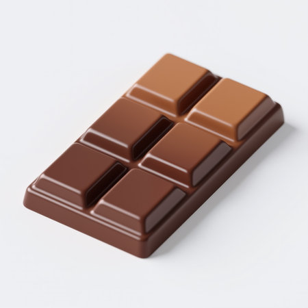 Detailed close-up of a glossy chocolate bar with six rectangular pieces, showing various brown shades from light to dark on a white background, highlighting texture and color gradient.の素材