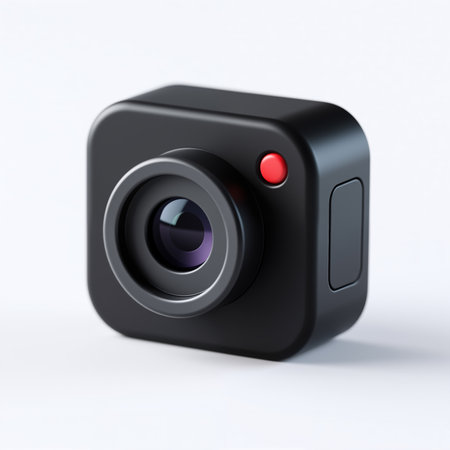 A sleek, modern camera with a red recording indicator, symbolizing video capture and surveillance, set against a clean white background.の素材