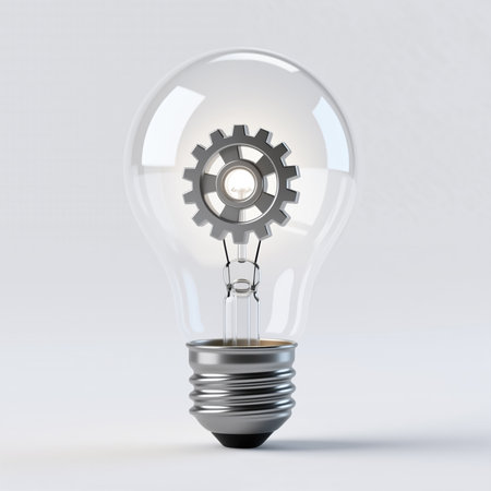 A light bulb with a gear inside, representing the fusion of creativity and machinery, set against a clean white background.の素材