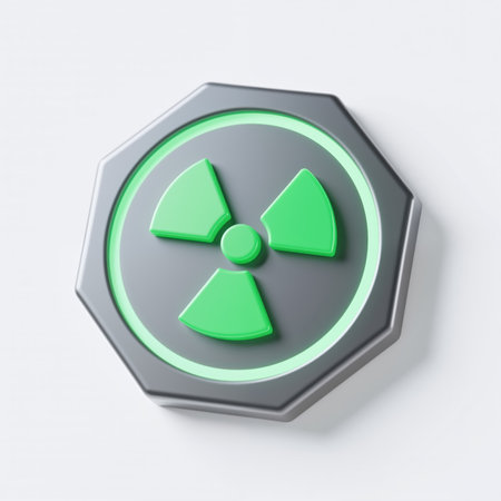 A gray octagonal shape with a green radiation symbol, a warning sign for nuclear or radioactive materials, on a white background.の素材