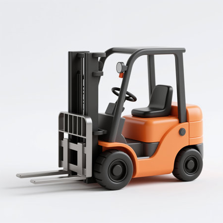 A minimalist illustration of an orange forklift with black accents, symbolizing industrial efficiency and productivity, set against a clean white background.の素材