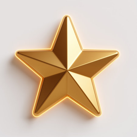 A golden star symbolizing excellence, achievement, and recognition, with a soft glow and subtle shadow on a clean white background.の素材