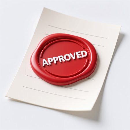 Realistic illustration of a red wax seal on a white document, symbolizing approval and validation, conveying a sense of official endorsement and authenticity.の素材