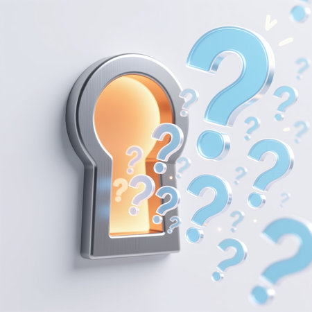 A metallic keyhole with a glowing orange background, surrounded by floating blue question marks in various sizes on a light gray background, symbolizing inquiry and mystery.の素材