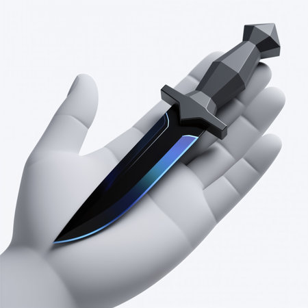 A white hand grasps a dagger with a black blade and blue glow, symbolizing power and protection, in a simple, modern illustration style.の素材