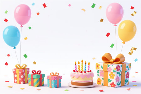 Vibrant 3D illustration featuring pastel balloons, wrapped gifts, and a cake with candles against a white background with confetti.の素材