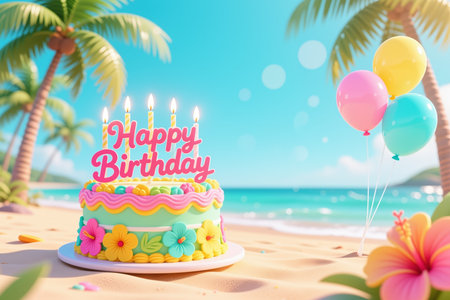 Vibrant digital illustration of a birthday cake on a sandy beach, surrounded by pastel balloons and palm trees, with a bright blue ocean background and sunny atmosphere.の素材