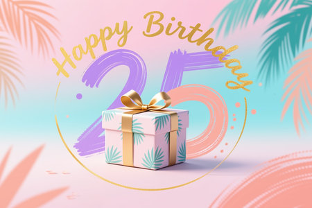 A pastel-colored illustration featuring a gift box with a gold ribbon and bow, surrounded by a gold circle and the text happy birthday 25, set against a pink and blue background.の素材