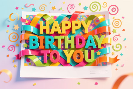 Vibrant 3D illustration of a birthday card with HAPPY BIRTHDAY TO YOU text, surrounded by swirling ribbons and confetti on a pastel background.の素材