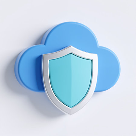 A stylized illustration of a blue cloud with a silver and light blue shield, representing cloud security and data protection services.の素材