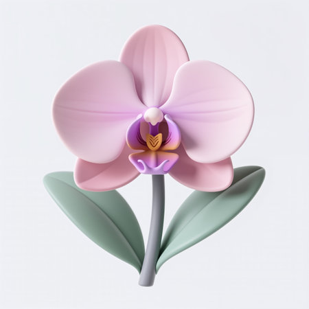 A pink orchid with a purple and yellow center, symbolizing love, beauty, and refinement, set against a clean white background with subtle green leaves.の素材