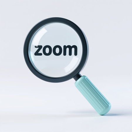 A magnifying glass with a blue handle and black rim, featuring the word zoom inside, symbolizing investigation and focus, on a clean white background.の素材