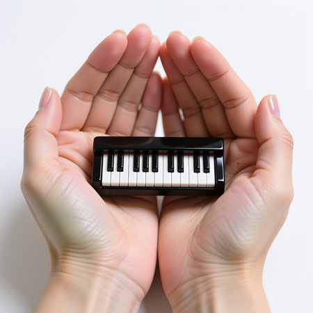 A pair of cupped hands holding a tiny black and white piano keyboard on a white background, symbolizing care and protection of music and creativity.の素材