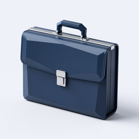 Detailed illustration of a blue briefcase with silver accents, symbolizing professionalism and business, on a clean white background with subtle shadow.の素材