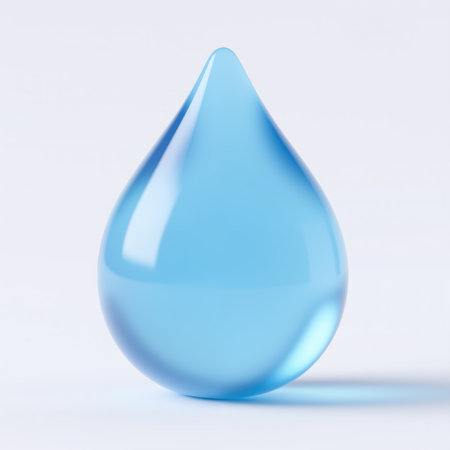 A single, large, light blue water droplet with a smooth, glossy finish, symbolizing purity and hydration, against a clean white background with subtle shadow.の素材