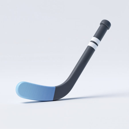 A hockey stick with a predominantly black shaft, featuring two white stripes near the top, and a light blue curved blade, set against a plain white background.の素材