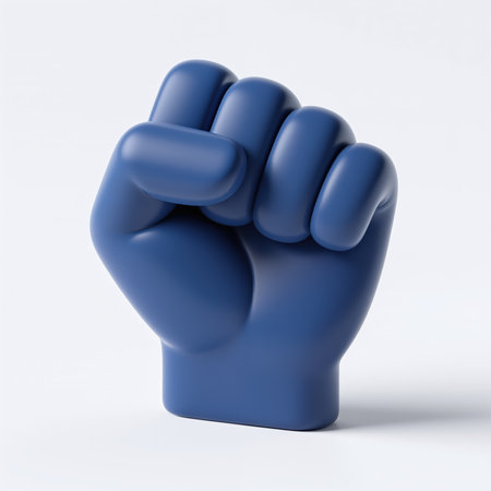A monochromatic blue hand sculpture clenched into a fist, symbolizing solidarity, strength, and resistance, set against a clean white background.の素材