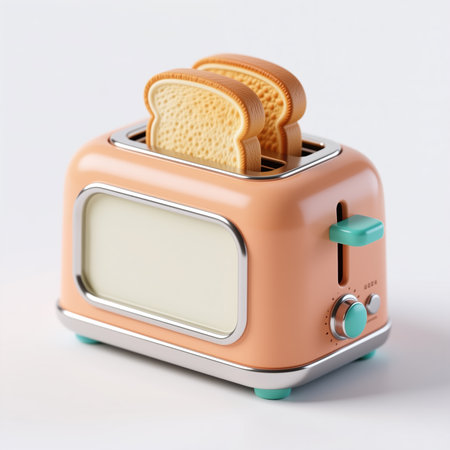 Peach-colored toaster with chrome accents, toast popping up, symbolizing breakfast and morning routine, modern design and pastel colors evoke a sense of warmth.の素材