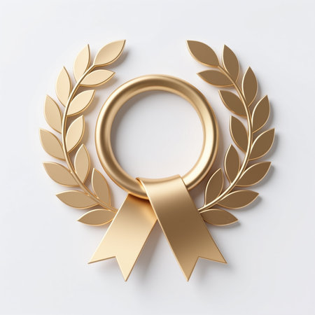 Golden laurel wreath with ribbon, symbolizing achievement and honor, on a white background with subtle shadow, in a minimalist and elegant style.の素材