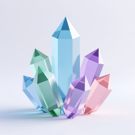 Digital illustration of crystals in soft pastel colors, symbolizing harmony, balance, and spiritual growth, with a minimalist white background.の素材