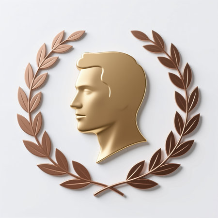 A gold mans head surrounded by a bronze laurel wreath symbolizing achievement and honor on a white background, conveying a sense of prestige and recognition.の素材