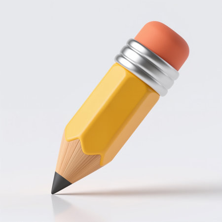 A realistic digital illustration of a yellow pencil with orange eraser and silver ferrule, symbolizing creativity and writing, on a clean white background.の素材
