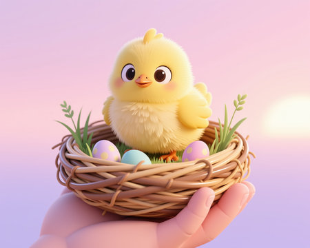 Adorable Easter illustration featuring a chick in a wicker basket surrounded by colorful eggs, soft pastel colors and gentle lighting.の素材
