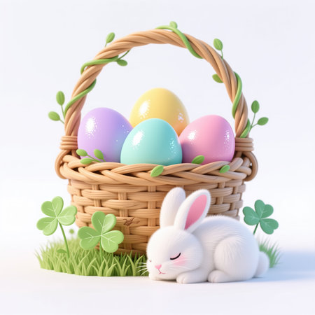 Vibrant Easter illustration of pastel eggs in woven basket adorned with green vines and a serene white bunny resting nearby, surrounded by clover on lush grass against clean white background.の素材