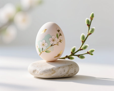 Easter illustration of pastel egg with cherry blossoms and gold accents on a stone, soft focus background with buds.の素材