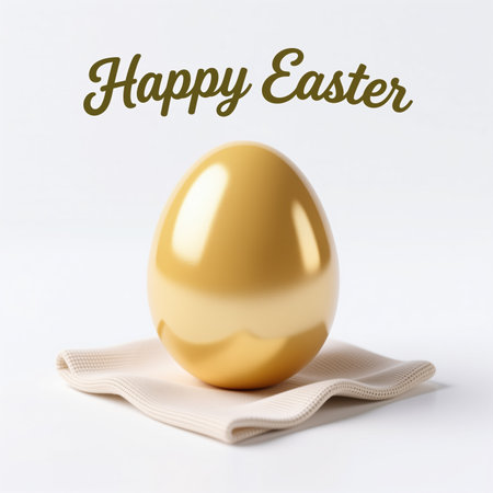 Easter illustration features a shiny golden egg on a beige cloth with Happy Easter text in brown cursive font on a white background, created in a realistic style.の素材