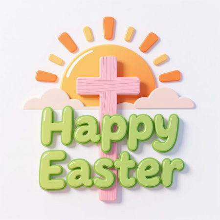 Easter illustration of a pink cross in front of a vibrant orange sun with rays and clouds, with Happy Easter written in green letters, in a playful 3d cartoon style.の素材